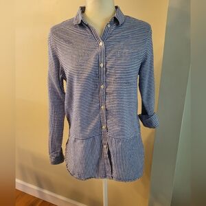 Barbour Women 8 Seaward Shirt Blue Striped Linen Blend Button Up Nautical Casual